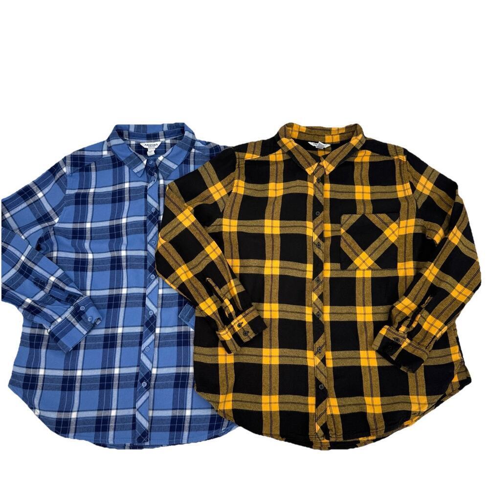 Lot of 2 Arizona Jean Co Blue/Black Yellow/Black Plaid Flannel Shirts SZ Large